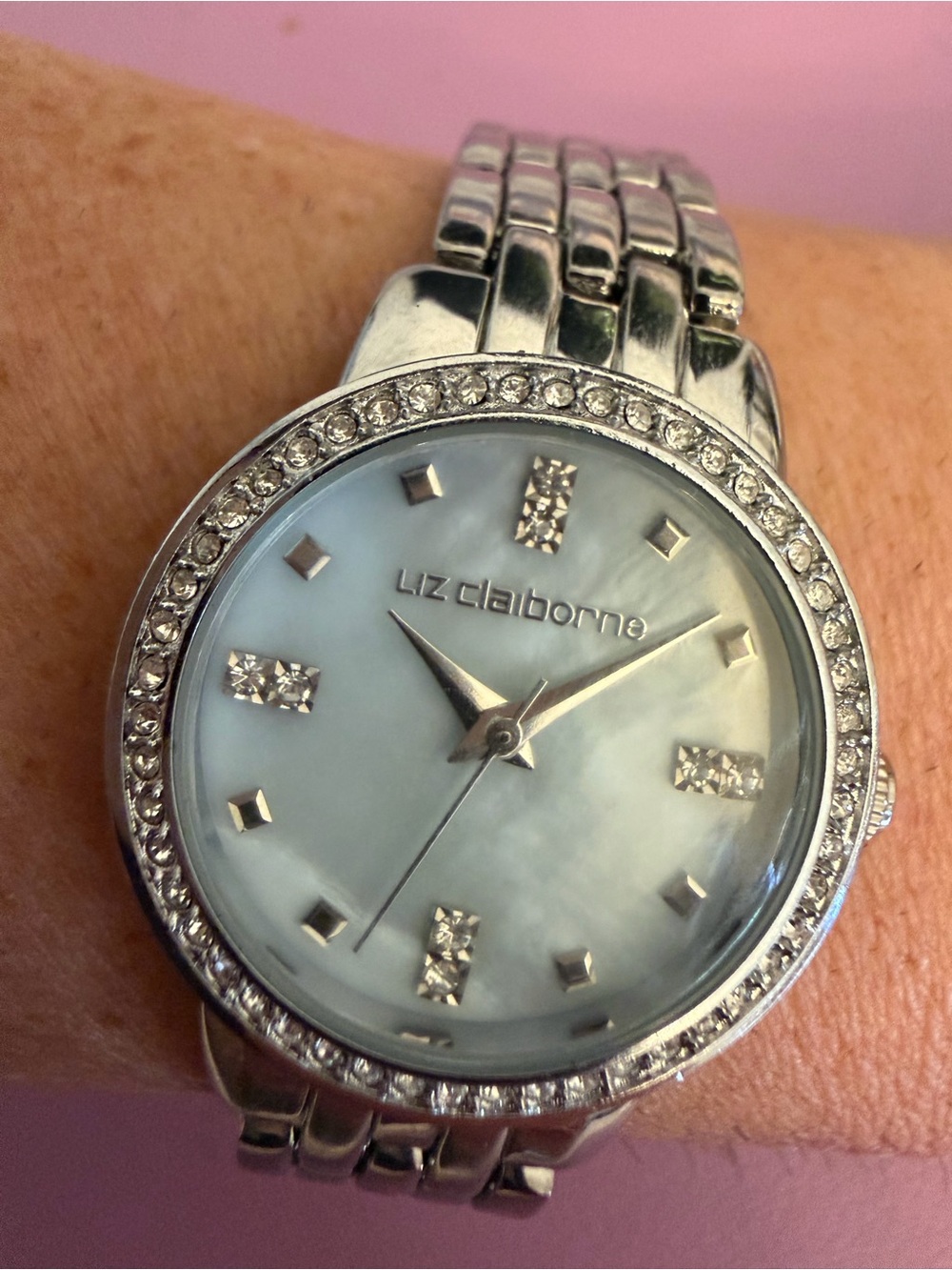 Liz Claiborne Silver Tone Watch with Mother-of-Pearl Dial and Crystal Accents